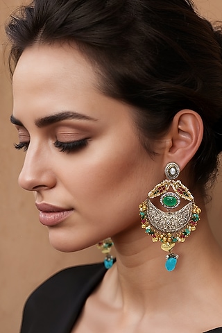 Two Tone Finish Green Imitation Kundan Polki Dangler Earrings by Tad Accessories