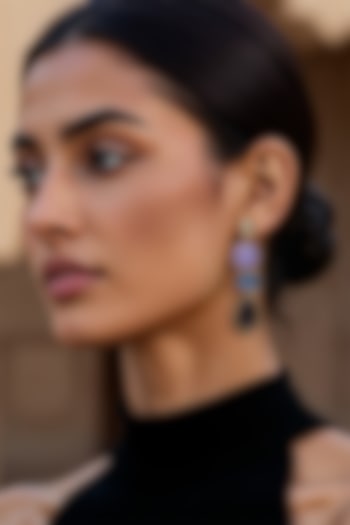 Gold Finish Semi-Precious Stone & Embroidered Dangler Earrings by Tad Accessories at Pernia's Pop Up Shop