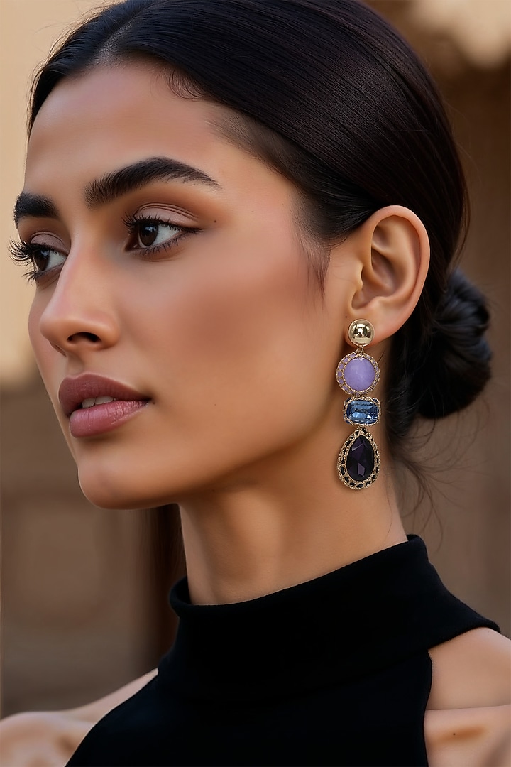 Gold Finish Semi-Precious Stone & Embroidered Dangler Earrings by Tad Accessories at Pernia's Pop Up Shop