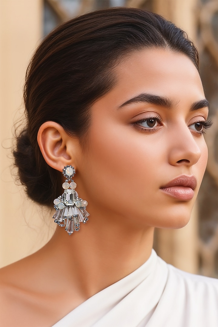 White Finish Crystal Dangler Earrings by Tad Accessories at Pernia's Pop Up Shop