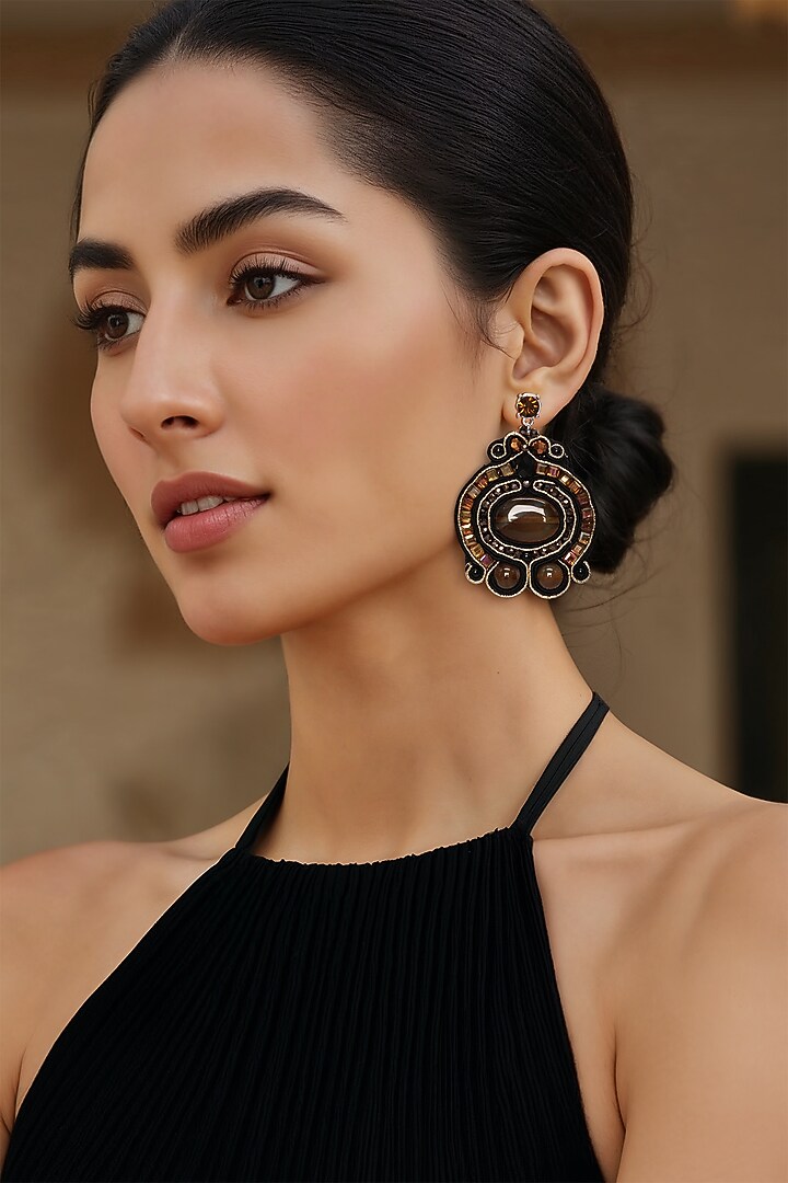 Black Rhodium Finish Brown Semi-Precious Stone Dangler Earrings by Tad Accessories at Pernia's Pop Up Shop