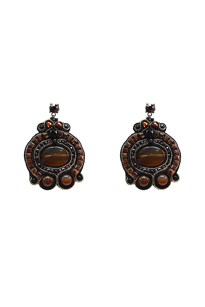 Black Rhodium Finish Brown Semi-Precious Stone Dangler Earrings by Tad Accessories at Pernia's Pop Up Shop