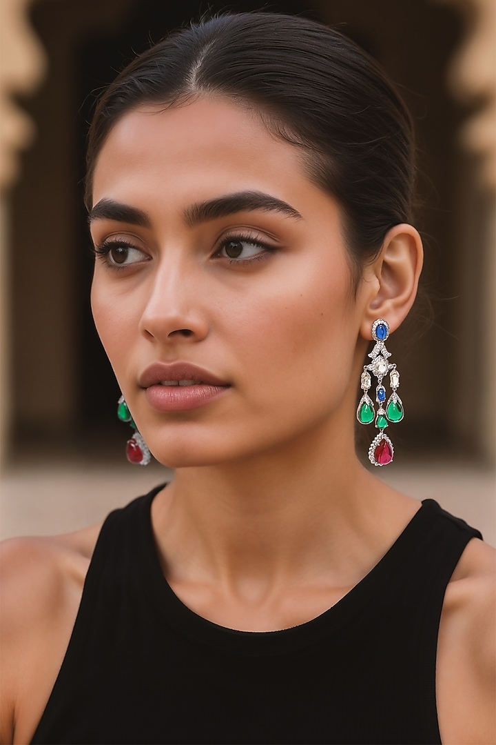White Finish Green CZ Stone Dangler Earrings by Tad Accessories at Pernia's Pop Up Shop