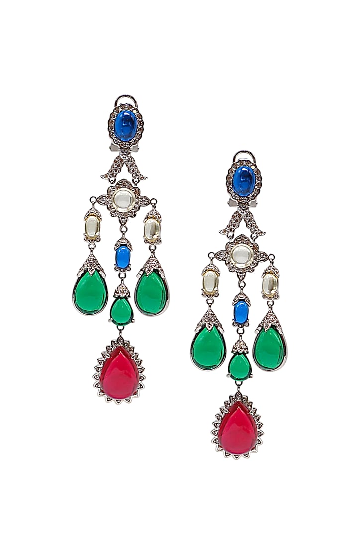 White Finish Green CZ Stone Dangler Earrings by Tad Accessories at Pernia's Pop Up Shop