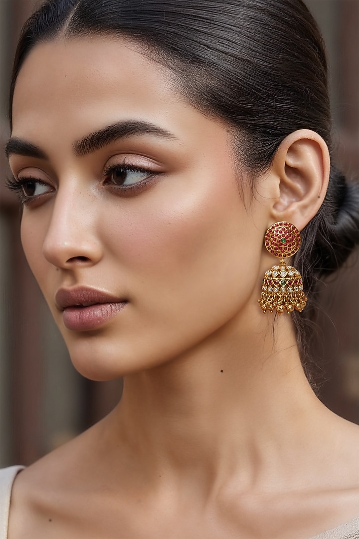 Gold Finish Red Imitation Kundan Polki Jhumka Earrings by Tad Accessories at Pernia's Pop Up Shop