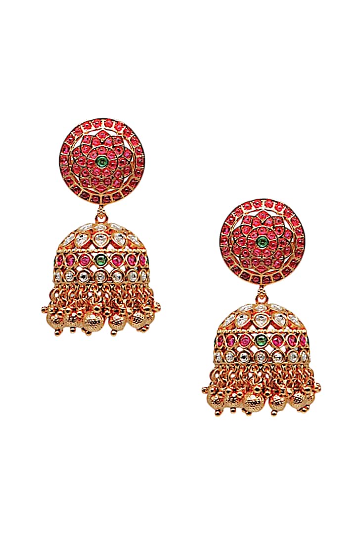 Gold Finish Red Imitation Kundan Polki Jhumka Earrings by Tad Accessories at Pernia's Pop Up Shop