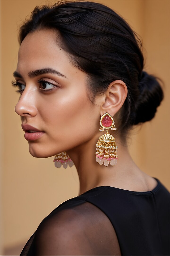 Gold Finish Pink Imitation Kundan Polki Jhumka Earrings by Tad Accessories at Pernia's Pop Up Shop