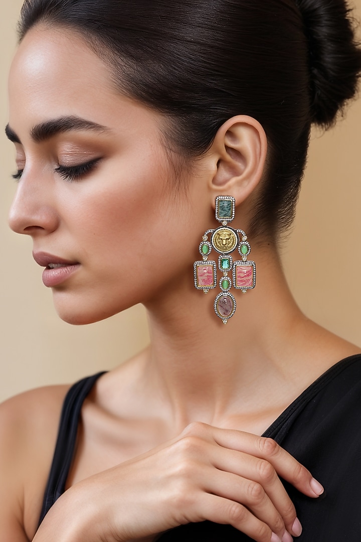 Two Tone Finish Semi-Precious Stone Dangler Earrings by Tad Accessories at Pernia's Pop Up Shop