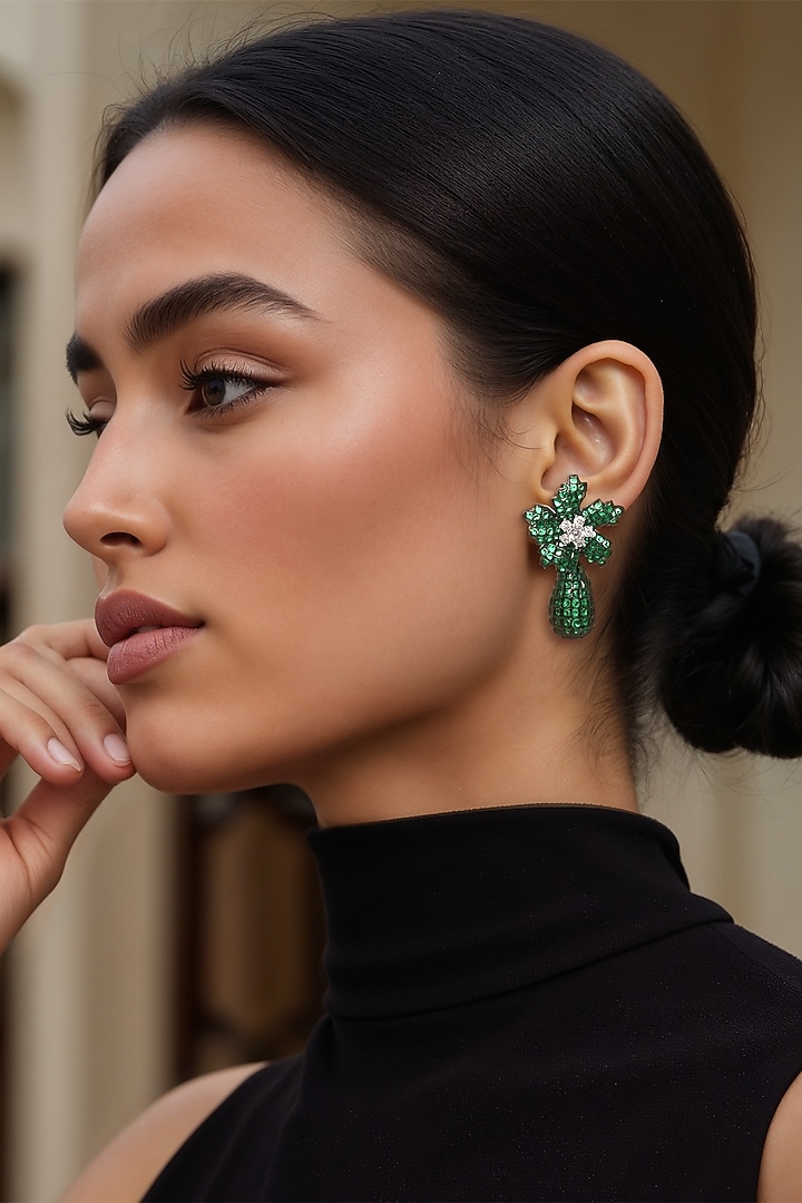 Two Tone Finish Green CZ Stone Dangler Earrings by Tad Accessories at Pernia's Pop Up Shop