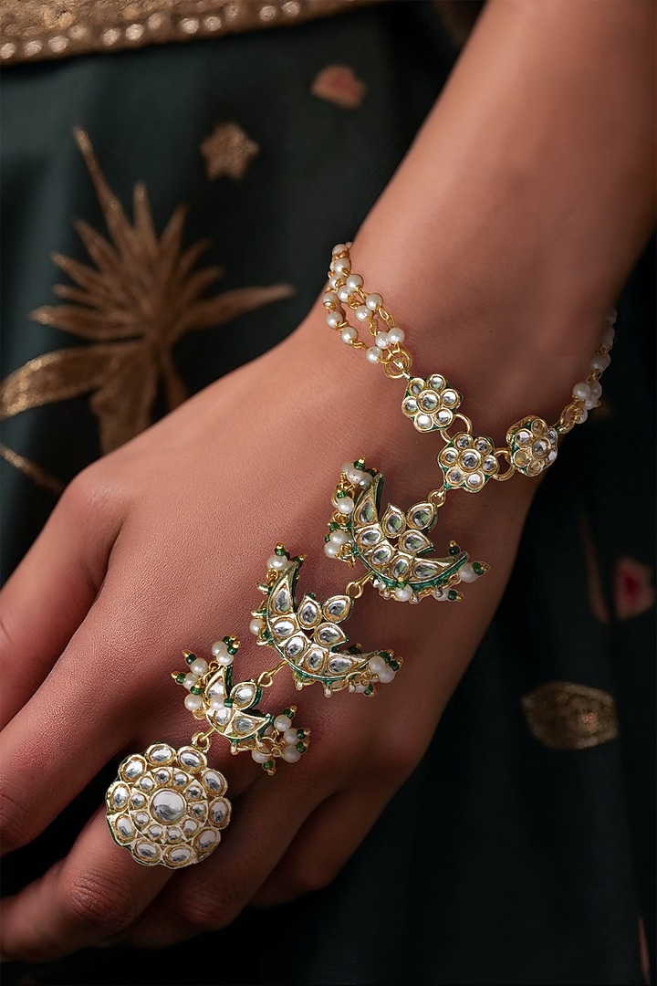 Gold Finish White Imitation Kundan Polki Hathphool by Tad Accessories at Pernia's Pop Up Shop