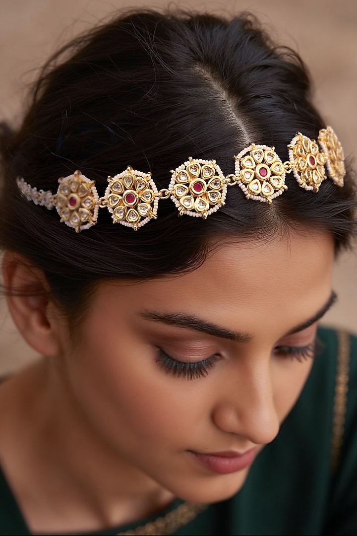 Gold Finish White Imitation Kundan Polki Matha Patti by Tad Accessories at Pernia's Pop Up Shop