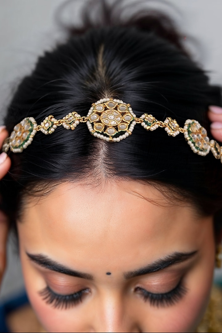 Gold Finish White Imitation Kundan Polki Matha Patti by Tad Accessories at Pernia's Pop Up Shop