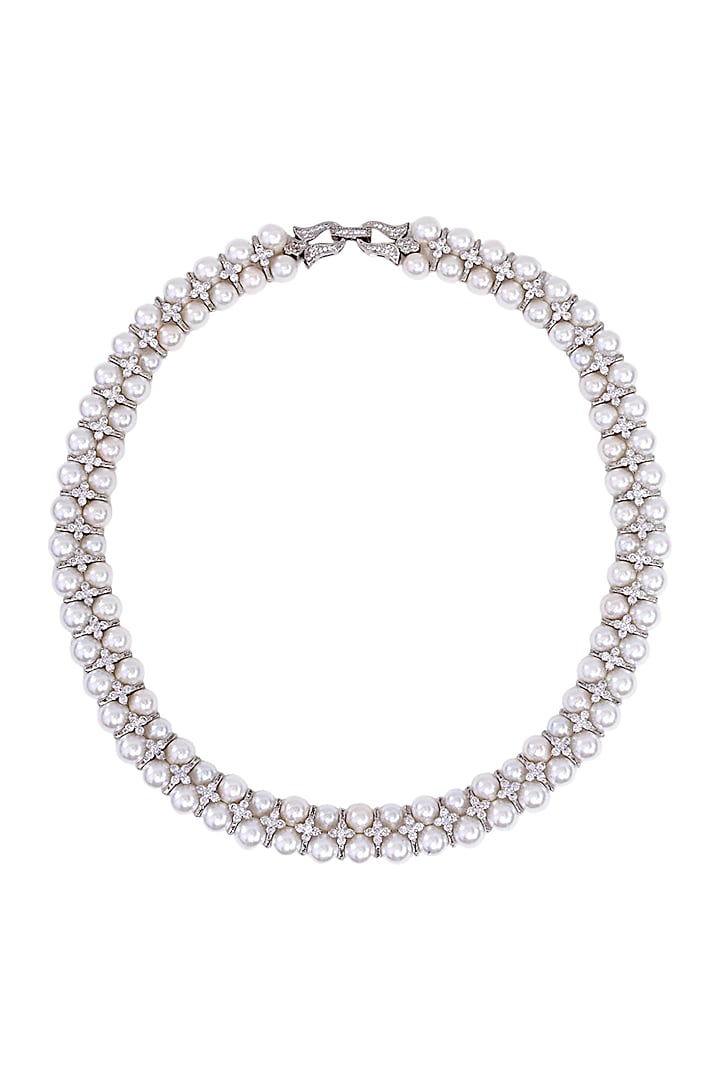 White Finish Shell Pearl & CZ stone Necklace by Tad Accessories at Pernia's Pop Up Shop