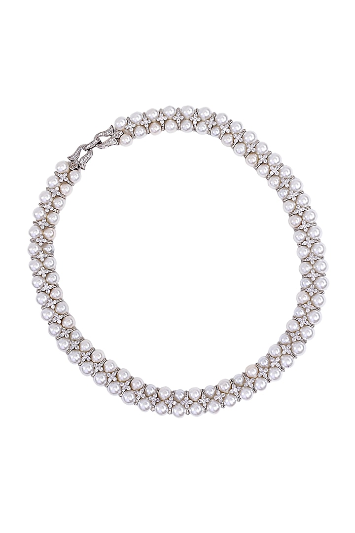White Finish Shell Pearl & CZ stone Necklace by Tad Accessories at Pernia's Pop Up Shop