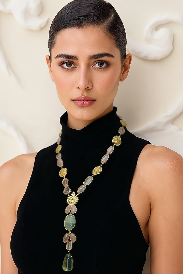 Gold Finish Multi-Colored Semi-Precious Stone Long Necklace by Tad Accessories at Pernia's Pop Up Shop