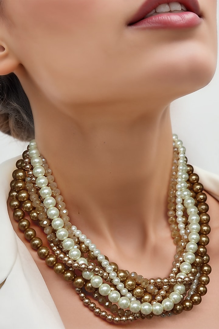 Gold Finish Multi-Colored Glass Pearl Necklace by Tad Accessories at Pernia's Pop Up Shop