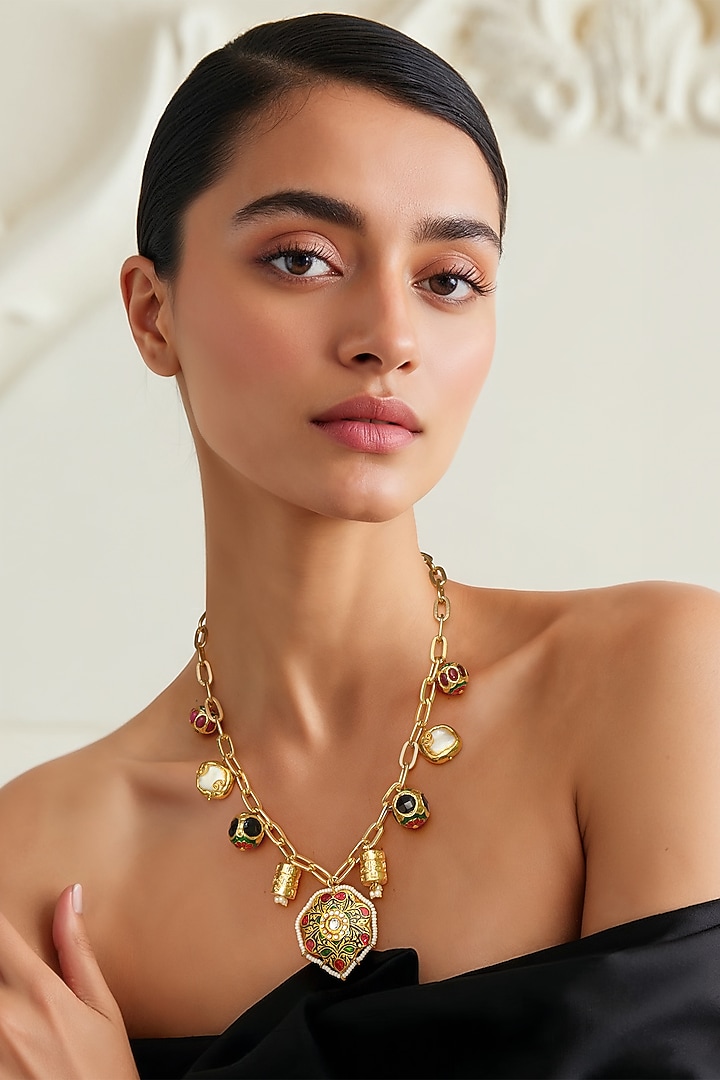 Gold Finish White Imitation Kundan Polki Necklace by Tad Accessories at Pernia's Pop Up Shop
