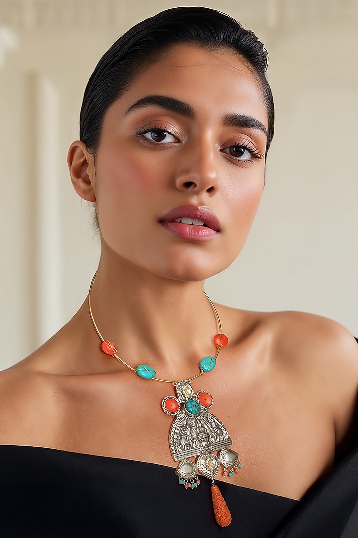 Two Tone Finish Turquoise Semi-Precious Stone Necklace by Tad Accessories at Pernia's Pop Up Shop