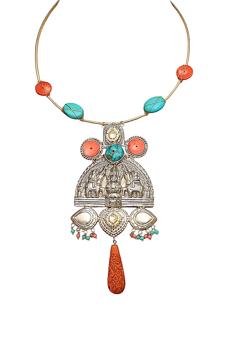 Two Tone Finish Turquoise Semi-Precious Stone Necklace by Tad Accessories at Pernia's Pop Up Shop