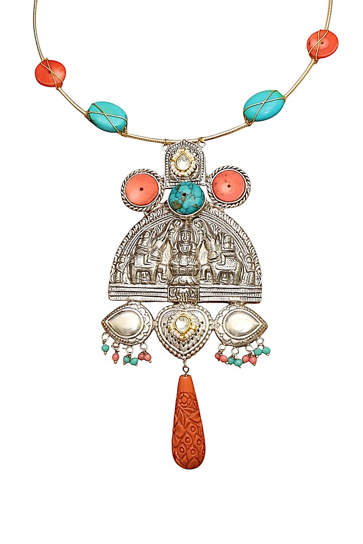 Two Tone Finish Turquoise Semi-Precious Stone Necklace by Tad Accessories at Pernia's Pop Up Shop