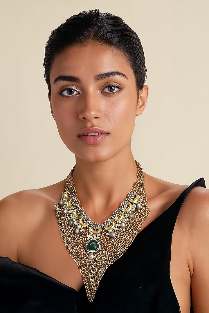 Gold Finish Imitation Kundan Polki & Green Jade Stone Necklace by Tad Accessories at Pernia's Pop Up Shop