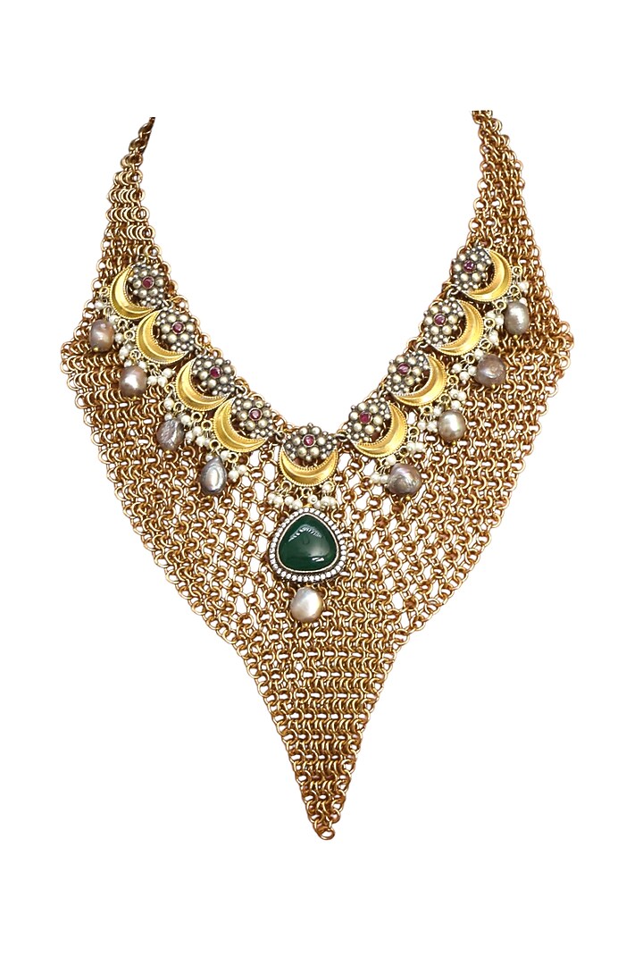 Gold Finish Imitation Kundan Polki & Green Jade Stone Necklace by Tad Accessories at Pernia's Pop Up Shop