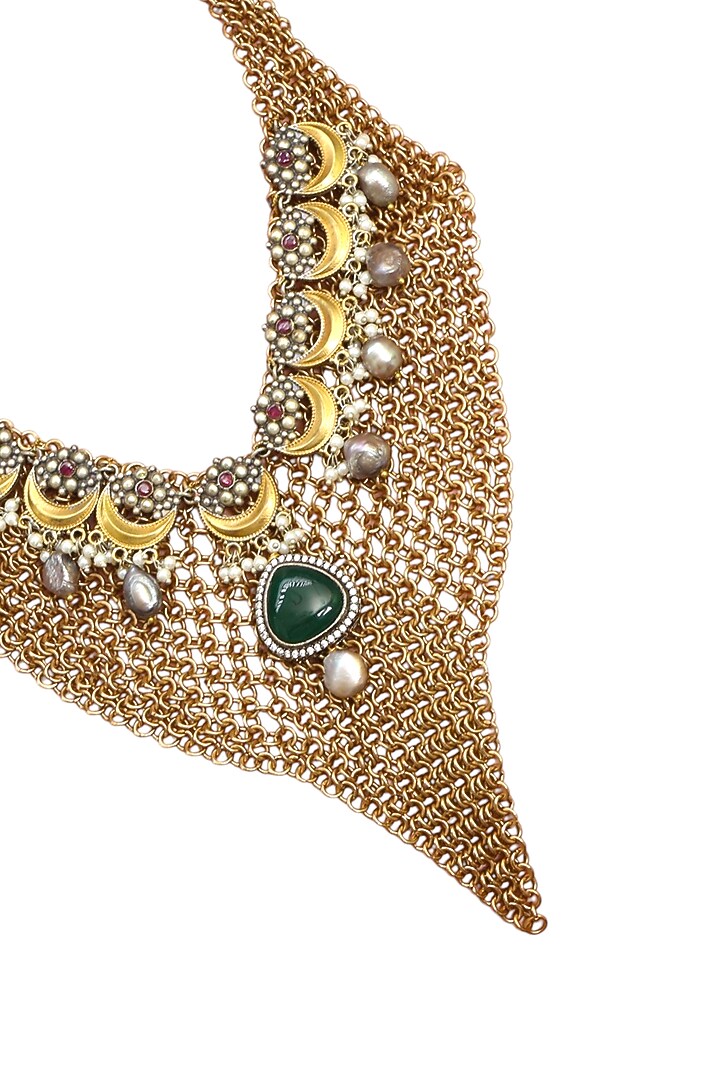 Gold Finish Imitation Kundan Polki & Green Jade Stone Necklace by Tad Accessories at Pernia's Pop Up Shop