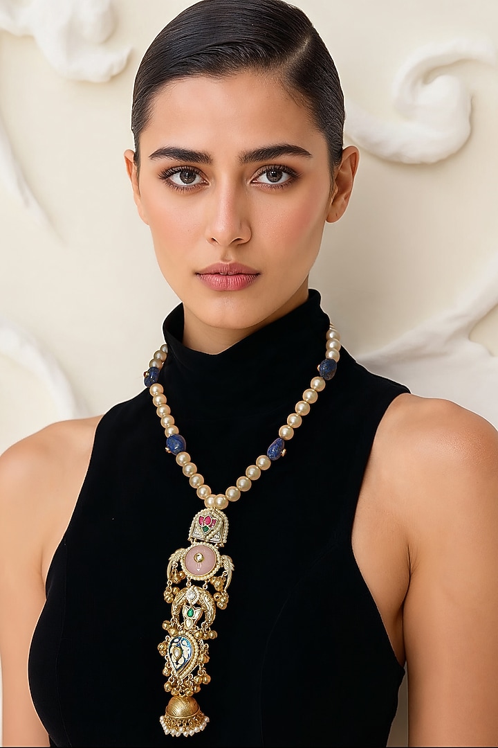 Gold Finish Imitation Kundan Polki Long Necklace by Tad Accessories at Pernia's Pop Up Shop