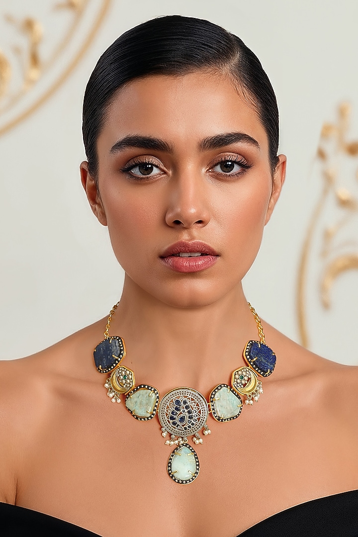Gold Finish Imitation Kundan Polki & Semi-Precious Stone Necklace by Tad Accessories at Pernia's Pop Up Shop