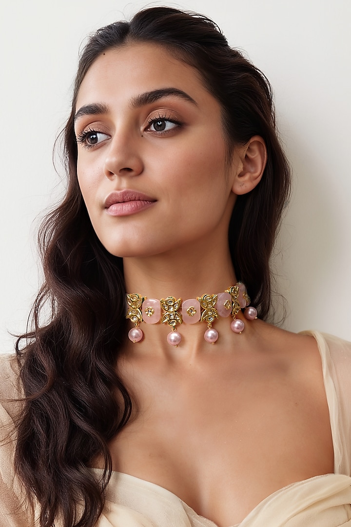 Gold Finish Pink Imitation Kundan Polki Choker Necklace by Tad Accessories at Pernia's Pop Up Shop