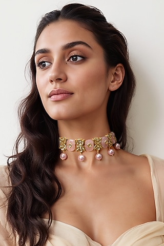 Gold Finish Pink Imitation Kundan Polki Choker Necklace by Tad Accessories