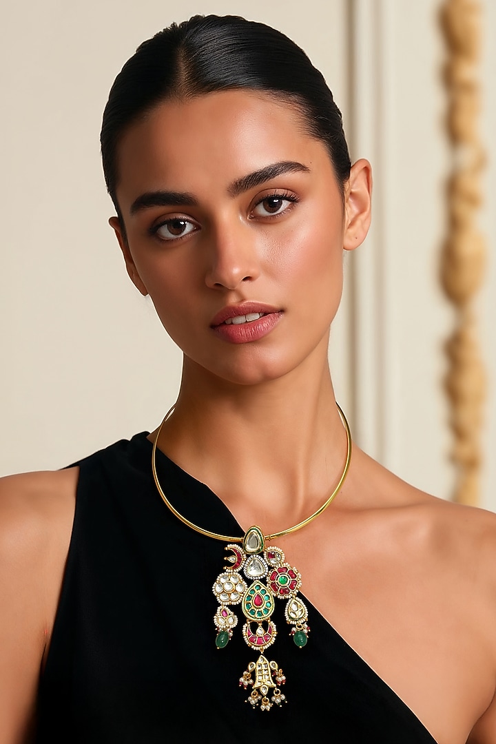 Gold Finish Multi-Colored Semi-Precious Stone & Kundan Polki Necklace by Tad Accessories at Pernia's Pop Up Shop
