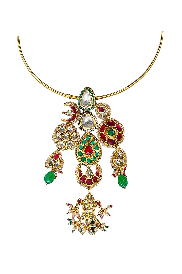 Gold Finish Multi-Colored Semi-Precious Stone & Kundan Polki Necklace by Tad Accessories at Pernia's Pop Up Shop