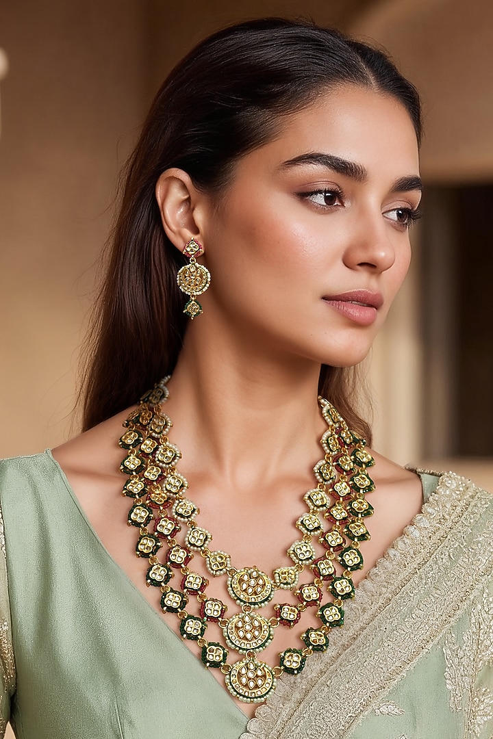 Gold Finish Green Semi-Precious Stone & Kundan Polki Long Necklace Set by Tad Accessories at Pernia's Pop Up Shop