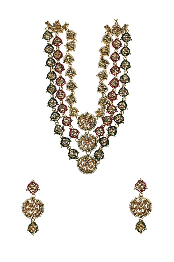 Gold Finish Green Semi-Precious Stone & Kundan Polki Long Necklace Set by Tad Accessories at Pernia's Pop Up Shop