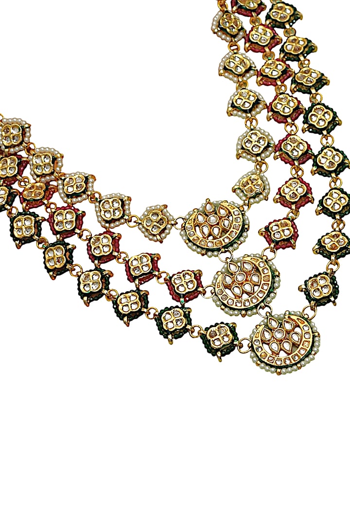 Gold Finish Green Semi-Precious Stone & Kundan Polki Long Necklace Set by Tad Accessories at Pernia's Pop Up Shop