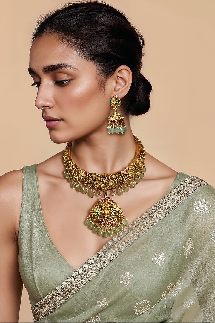 Gold Finish Multi-Colored Semi-Precious Stone & Kundan Polki Temple Necklace Set by Tad Accessories at Pernia's Pop Up Shop