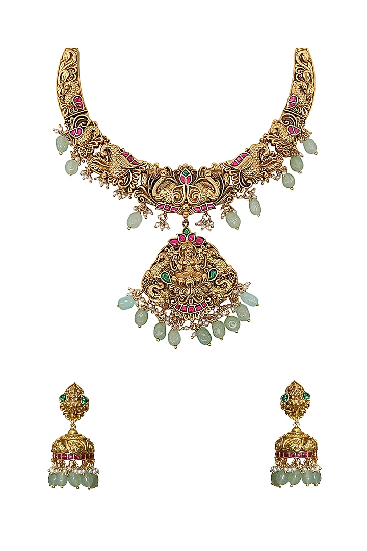 Gold Finish Multi-Colored Semi-Precious Stone & Kundan Polki Temple Necklace Set by Tad Accessories at Pernia's Pop Up Shop