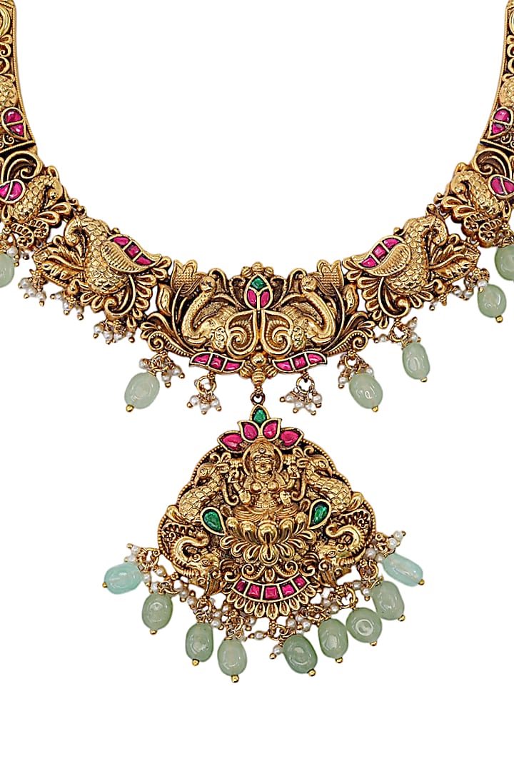Gold Finish Multi-Colored Semi-Precious Stone & Kundan Polki Temple Necklace Set by Tad Accessories at Pernia's Pop Up Shop