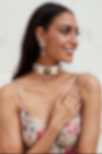 Gold Finish Red Semi-Precious Stone & Kundan Polki Choker Necklace Set by Tad Accessories at Pernia's Pop Up Shop