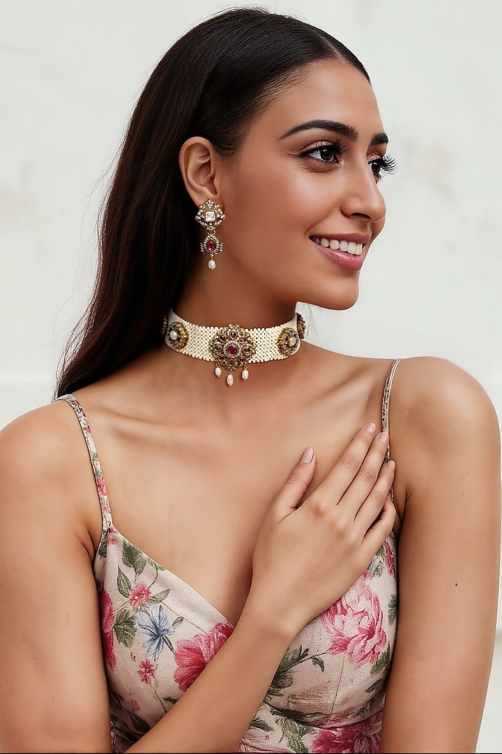 Gold Finish Red Semi-Precious Stone & Kundan Polki Choker Necklace Set by Tad Accessories at Pernia's Pop Up Shop