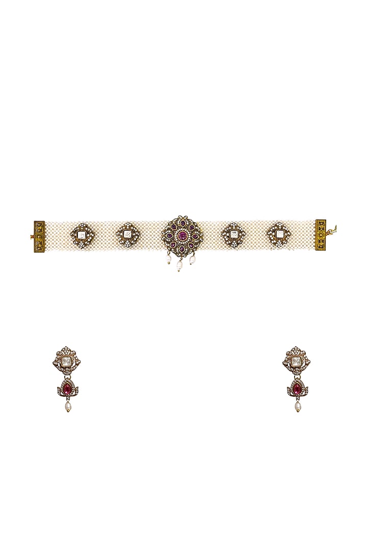 Gold Finish Red Semi-Precious Stone & Kundan Polki Choker Necklace Set by Tad Accessories at Pernia's Pop Up Shop