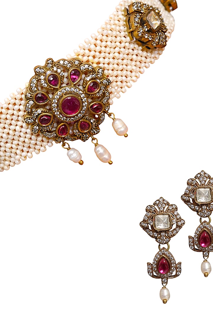 Gold Finish Red Semi-Precious Stone & Kundan Polki Choker Necklace Set by Tad Accessories at Pernia's Pop Up Shop