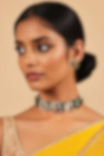 Gold Finish Green Semi-Precious Stone & Kundan Polki Choker Necklace Set by Tad Accessories at Pernia's Pop Up Shop