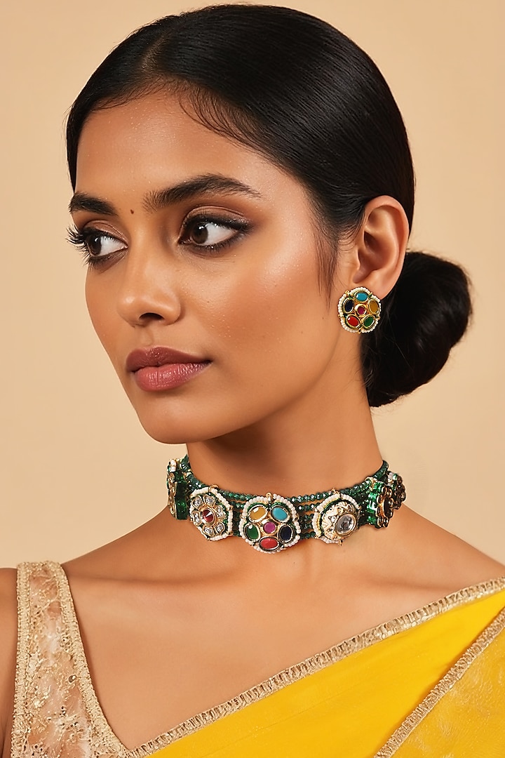 Gold Finish Green Semi-Precious Stone & Kundan Polki Choker Necklace Set by Tad Accessories at Pernia's Pop Up Shop