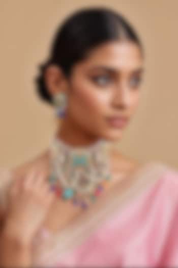 Two Tone Finish Semi-Precious Stone & Kundan Polki Necklace Set by Tad Accessories at Pernia's Pop Up Shop