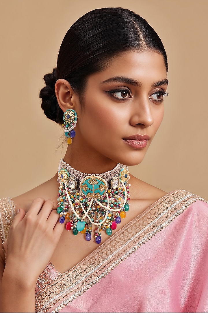 Two Tone Finish Semi-Precious Stone & Kundan Polki Necklace Set by Tad Accessories at Pernia's Pop Up Shop