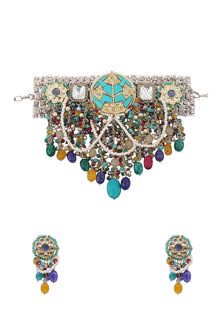 Two Tone Finish Semi-Precious Stone & Kundan Polki Necklace Set by Tad Accessories at Pernia's Pop Up Shop