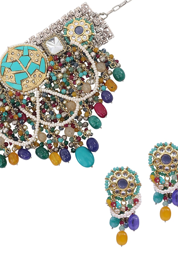 Two Tone Finish Semi-Precious Stone & Kundan Polki Necklace Set by Tad Accessories at Pernia's Pop Up Shop