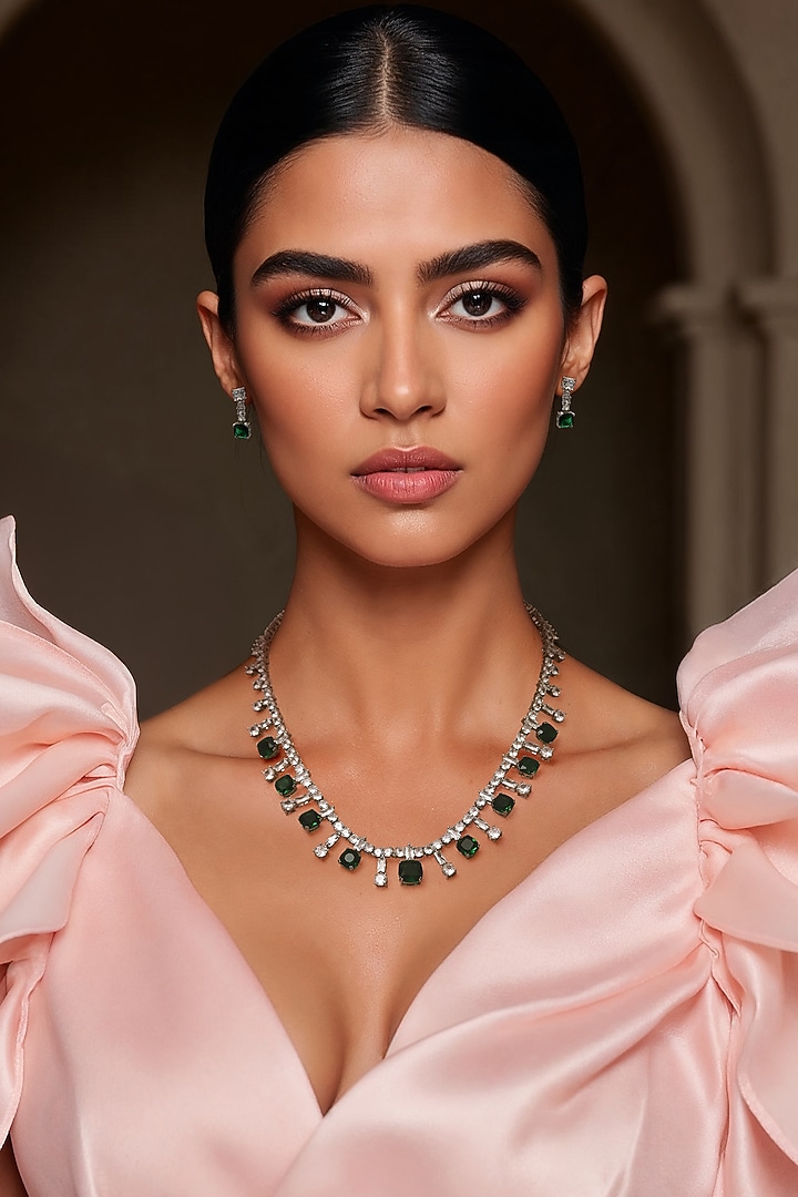 White Finish Green CZ Stone Necklace Set by Tad Accessories at Pernia's Pop Up Shop